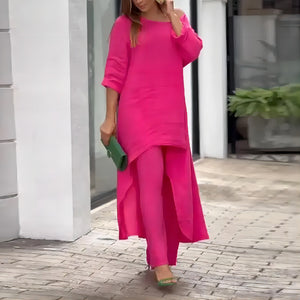 Alessia – Completo Donna Elegante in Stile Lino con Tunica Asimmetrica