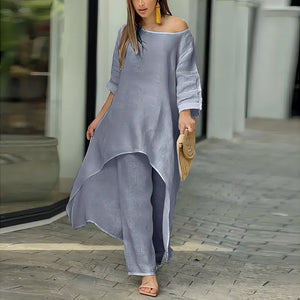 Alessia – Completo Donna Elegante in Stile Lino con Tunica Asimmetrica