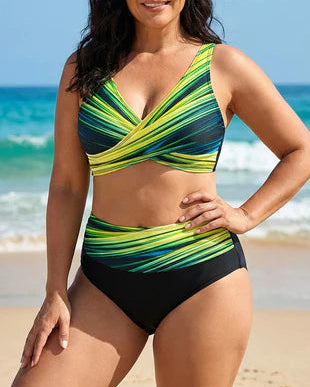 Bikini Donna Vita Alta Top Incrociato Stampa Geometrica Modellante