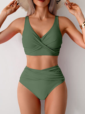 Bikini Due Pezzi Donna Vita Alta - Top Incrociato Contenitivo Tinta Unita