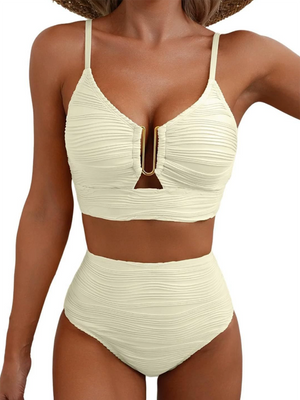 Bikini Due Pezzi Vita Alta Donna – Texture Arricciata e Dettaglio Dorato Contenitivo