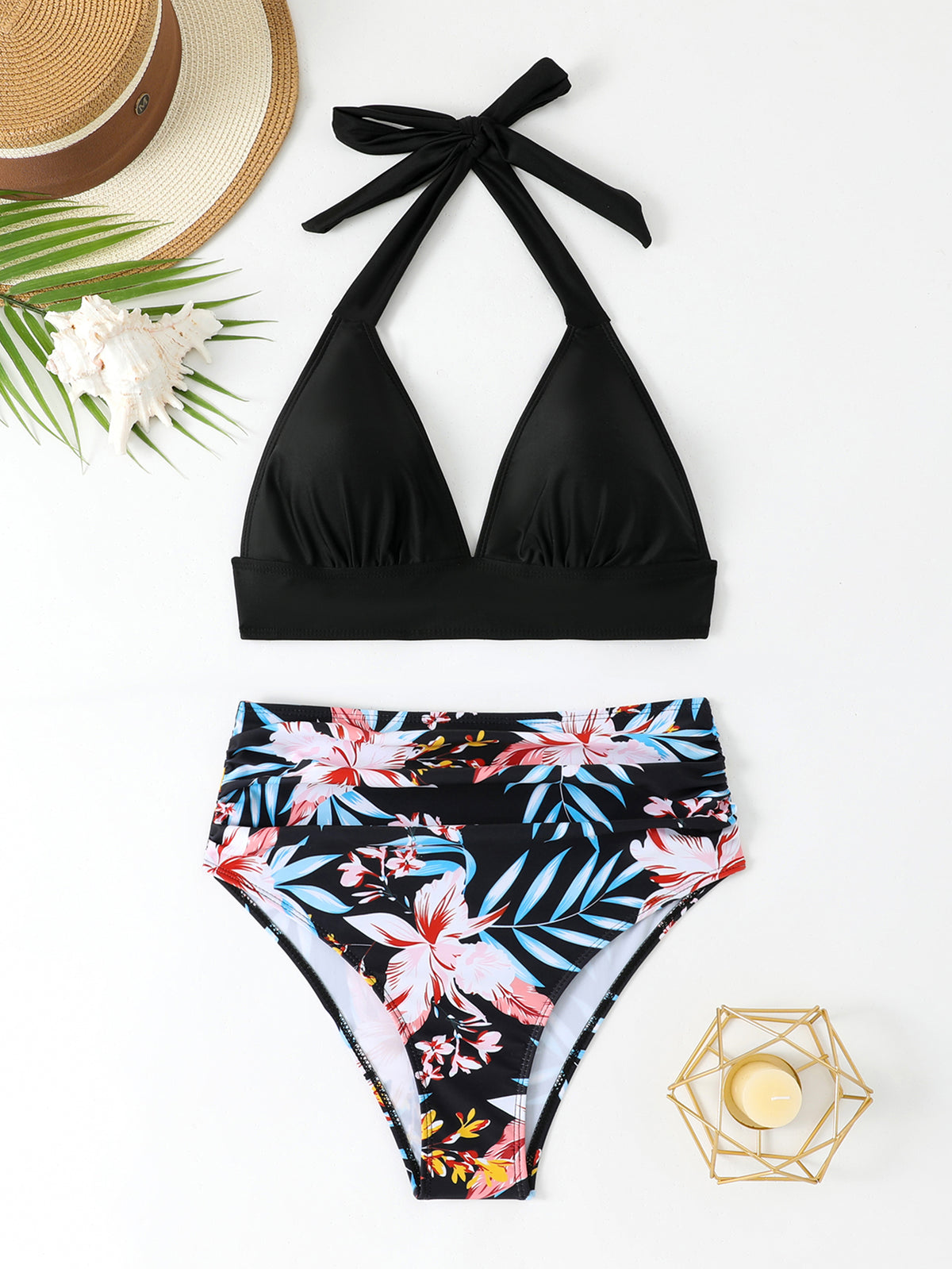 Bikini Due Pezzi Vita Alta Donna – Top Halter Volant e Slip Contenitivo Modellante