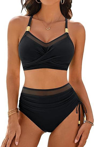 Bikini Vita Alta Donna con Trasparenza Elegante e Dettagli Dorati - Portofino