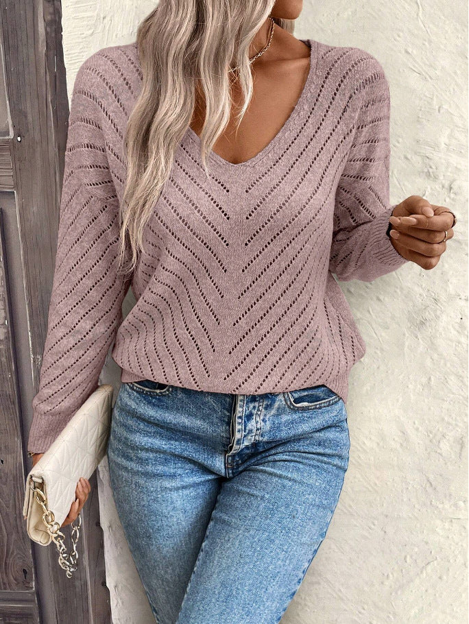 Blusa Donna Elegante Sofia – Maglia Leggera a V con Motivo Traforato