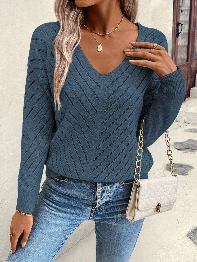 Blusa Donna Elegante Sofia – Maglia Leggera a V con Motivo Traforato