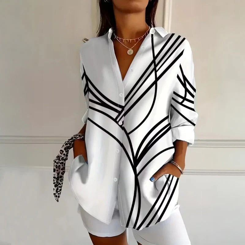 Camicia Donna Elegante Casual Chic per Tutti i Giorni - Morbida con Stampa Geometrica e Vestibilità Fluida - Chiara