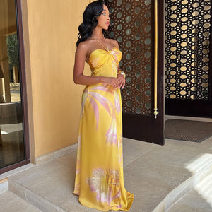Vestito Lungo Giallo Satinato con Spalline Halter