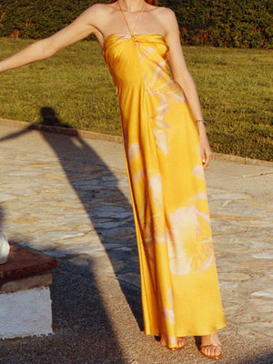 Vestito Lungo Giallo Satinato con Spalline Halter