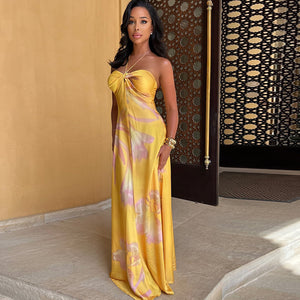 Vestito Lungo Giallo Satinato con Spalline Halter