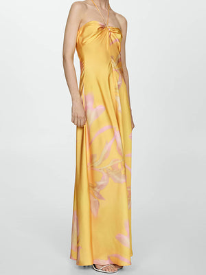 Vestito Lungo Giallo Satinato con Spalline Halter