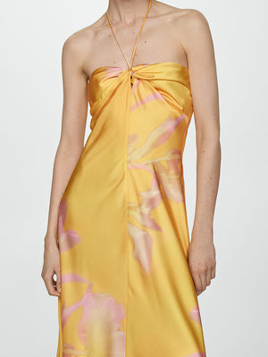 Vestito Lungo Giallo Satinato con Spalline Halter