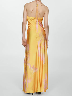 Vestito Lungo Giallo Satinato con Spalline Halter