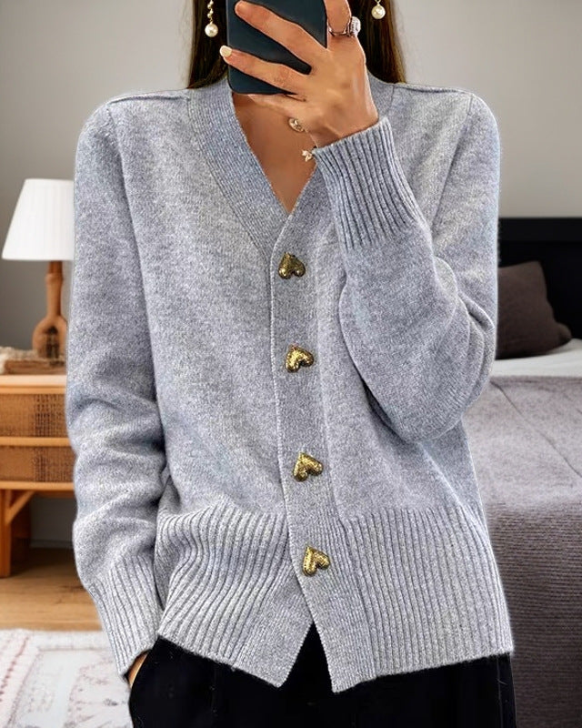 Cardigan Donna Elegante – Maglia Morbida con Bottoni Dorati a Cuore