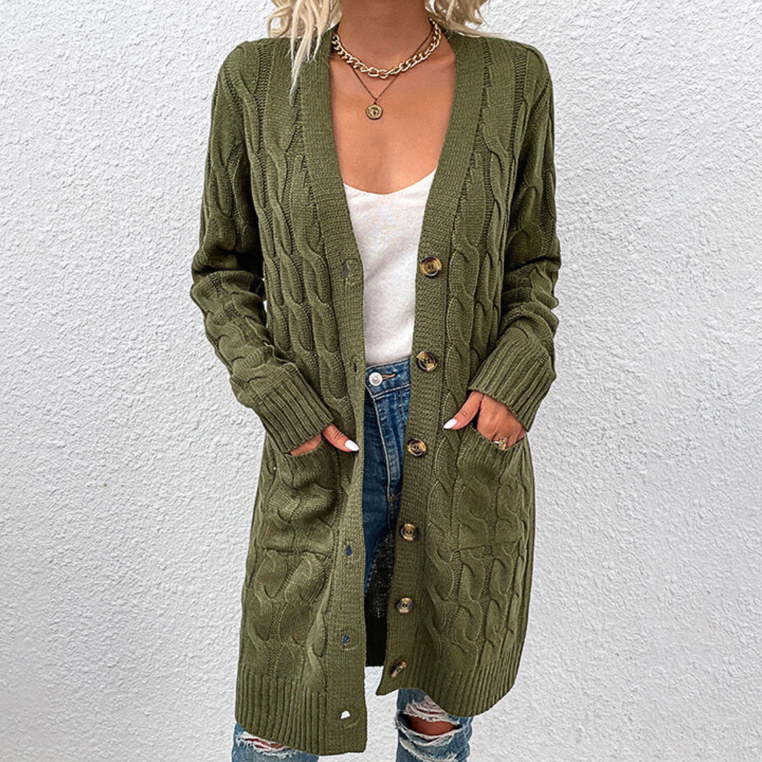 Cardigan Donna Lungo Caldo Nadia – Maglia a Treccia con Bottoni e Tasche