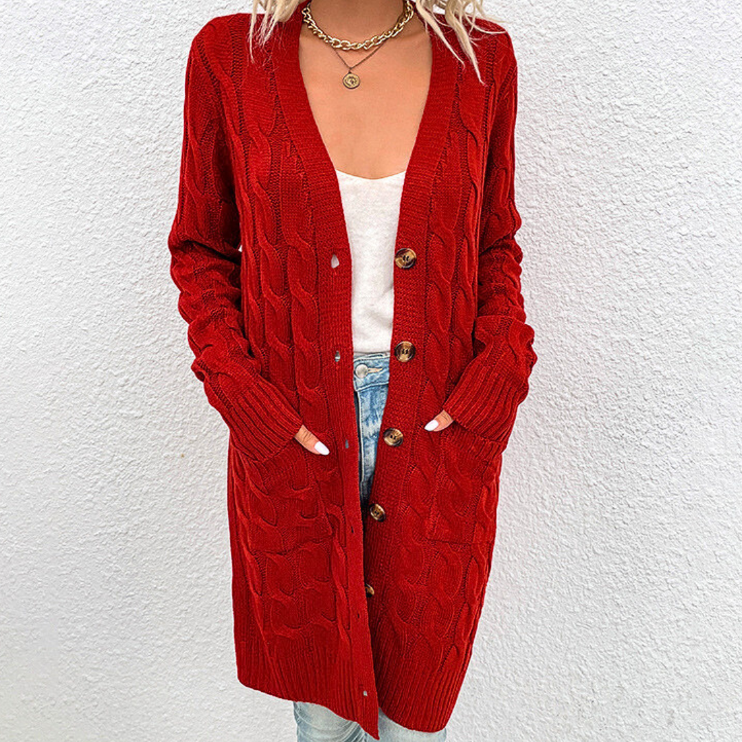 Cardigan Donna Lungo Caldo Nadia – Maglia a Treccia con Bottoni e Tasche