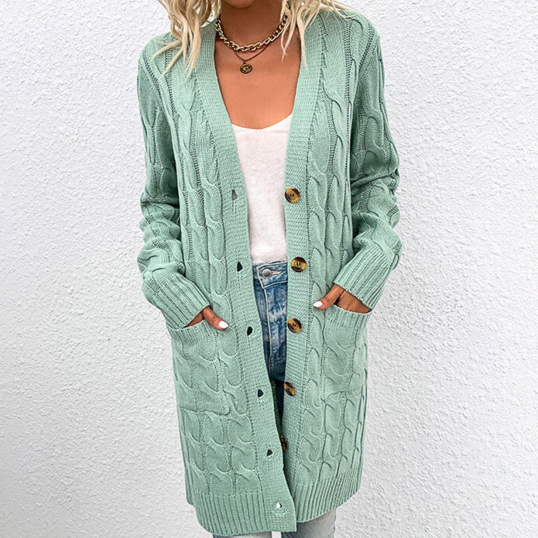 Cardigan Donna Lungo Caldo Nadia – Maglia a Treccia con Bottoni e Tasche