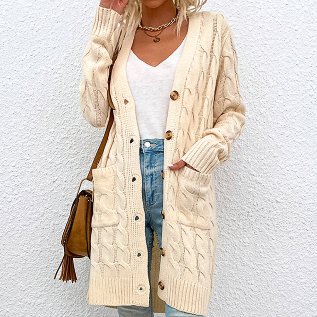 Cardigan Donna Lungo Caldo Nadia – Maglia a Treccia con Bottoni e Tasche