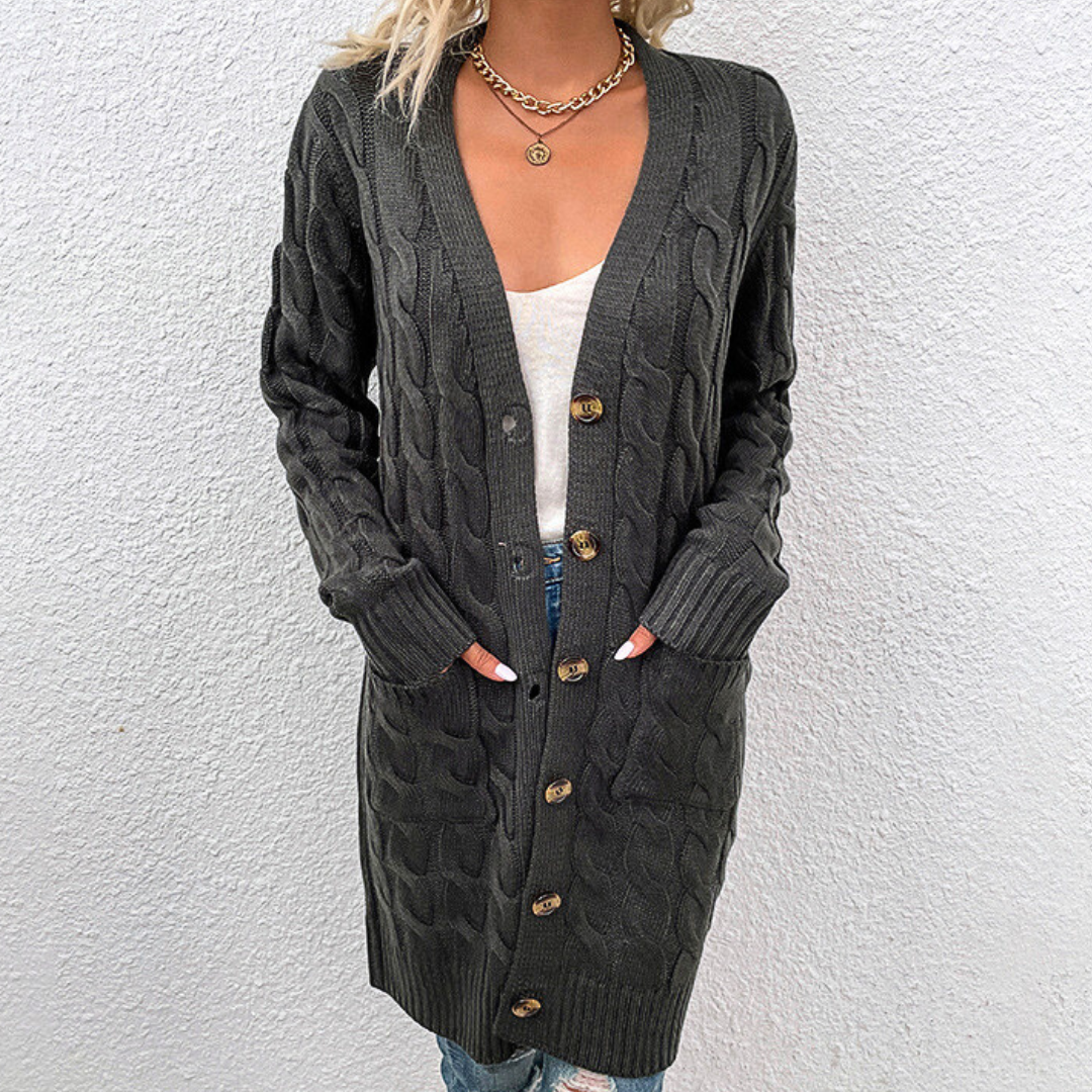 Cardigan Donna Lungo Caldo Nadia – Maglia a Treccia con Bottoni e Tasche