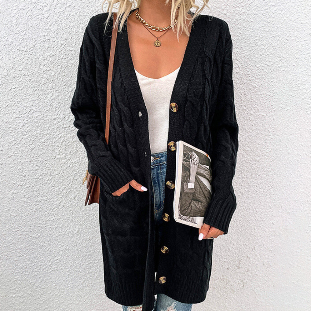 Cardigan Donna Lungo Caldo Nadia – Maglia a Treccia con Bottoni e Tasche