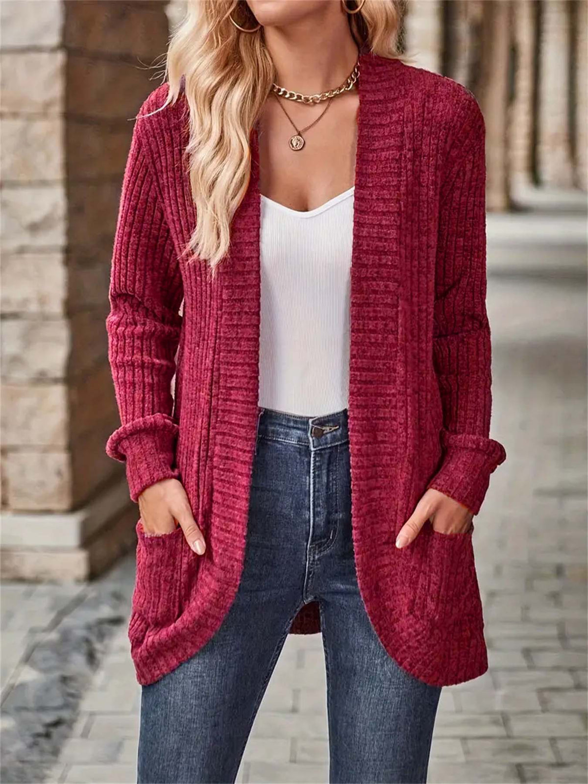 Cardigan Donna Lungo Marta – Elegante in Maglia a Coste con Tasche