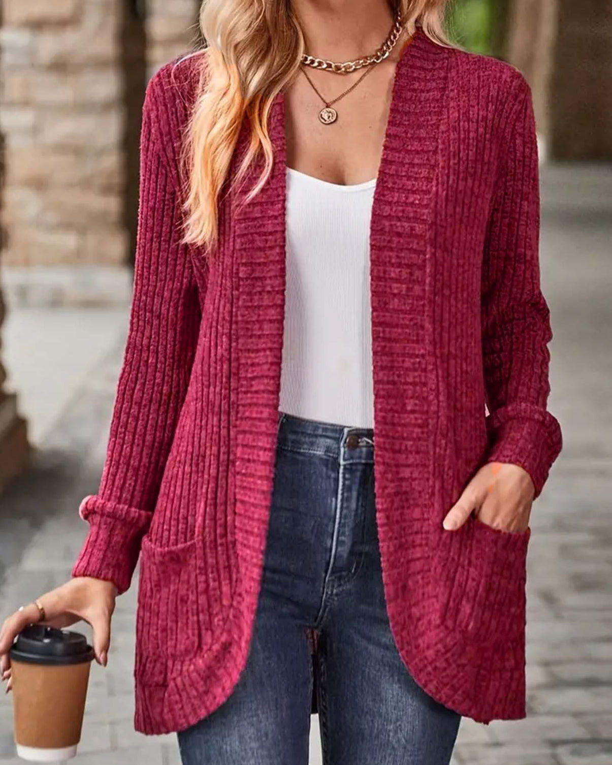 Cardigan Donna Lungo Marta – Elegante in Maglia a Coste con Tasche