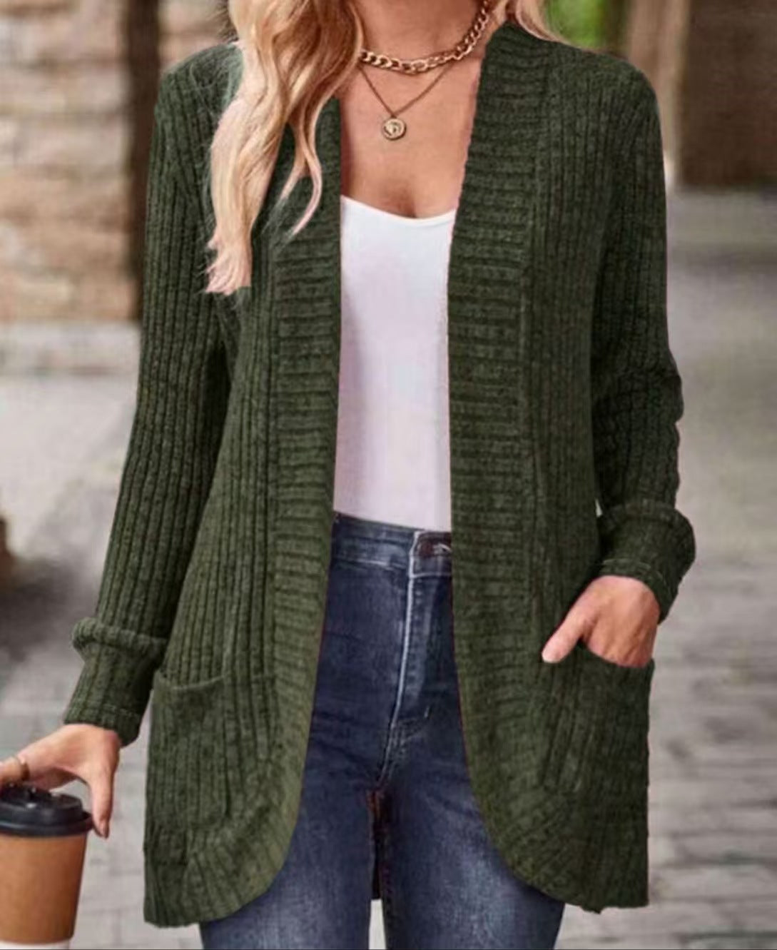 Cardigan Donna Lungo Marta – Elegante in Maglia a Coste con Tasche