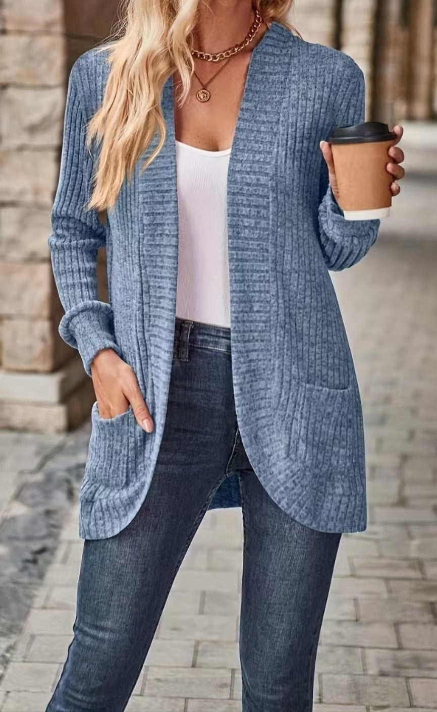 Cardigan Donna Lungo Marta – Elegante in Maglia a Coste con Tasche