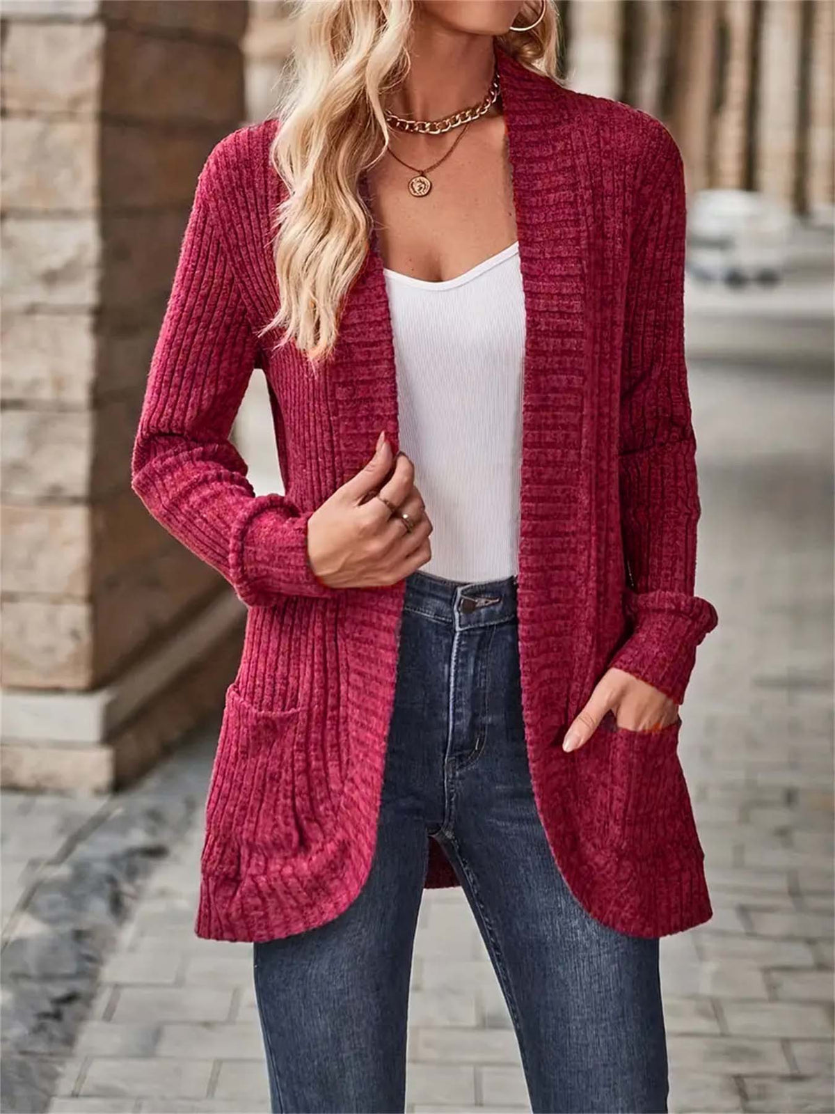 Cardigan Donna Lungo Marta – Elegante in Maglia a Coste con Tasche
