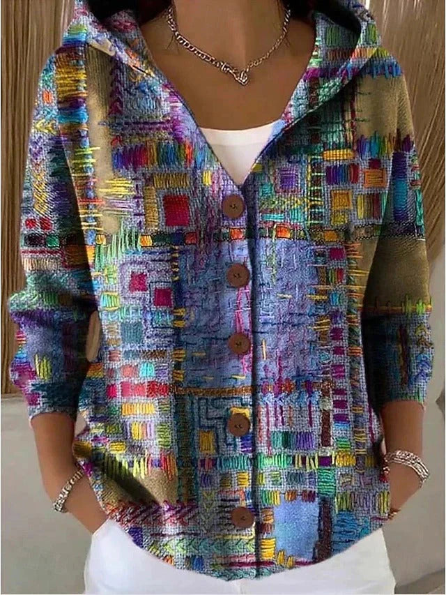 Cardigan Donna con Cappuccio Casual Comodo per Tutti i Giorni - Morbido con Stampa Artistica e Vestibilità Confortevole - Martina