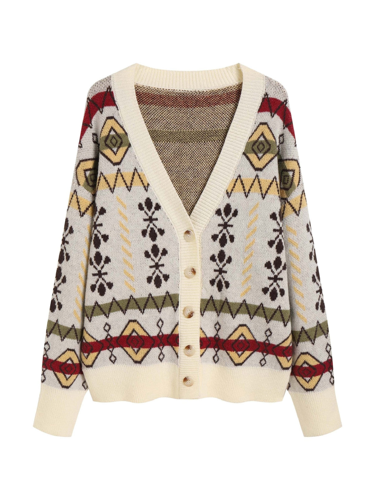 Cardigan Donna con Motivo Jacquard Geometrico e Bottoni – Stile Retrò e Comfort – Anita