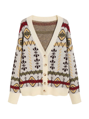 Cardigan Donna con Motivo Jacquard Geometrico e Bottoni – Stile Retrò e Comfort – Anita