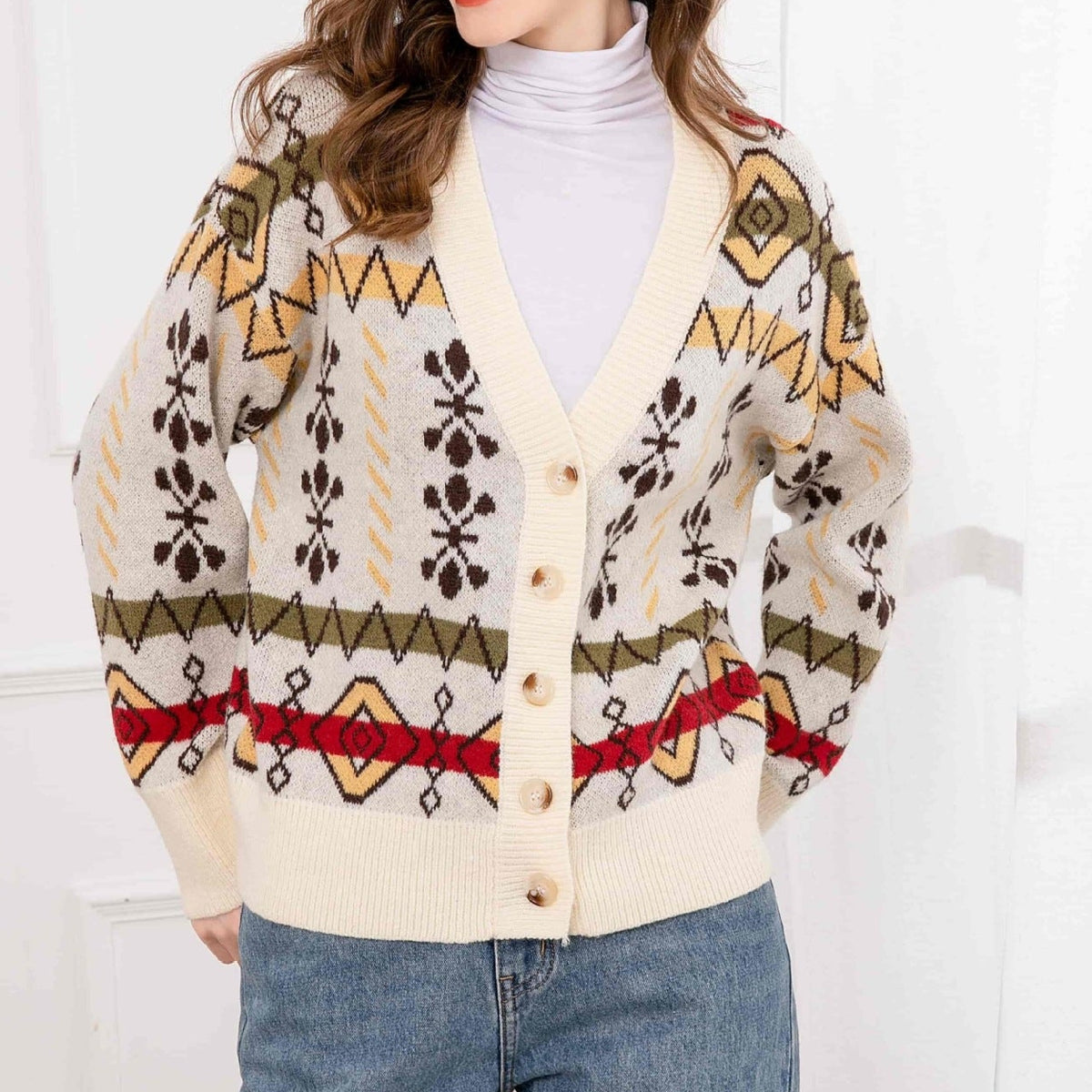 Cardigan Donna con Motivo Jacquard Geometrico e Bottoni – Stile Retrò e Comfort – Anita