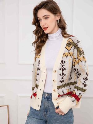 Cardigan Donna con Motivo Jacquard Geometrico e Bottoni – Stile Retrò e Comfort – Anita