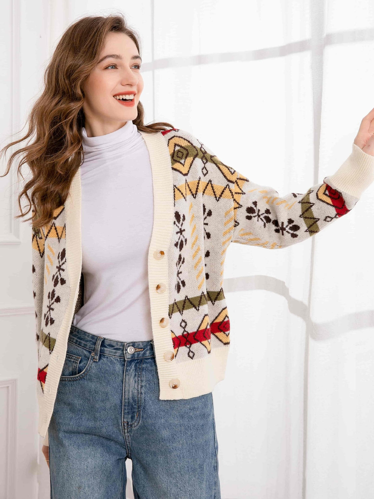 Cardigan Donna con Motivo Jacquard Geometrico e Bottoni – Stile Retrò e Comfort – Anita