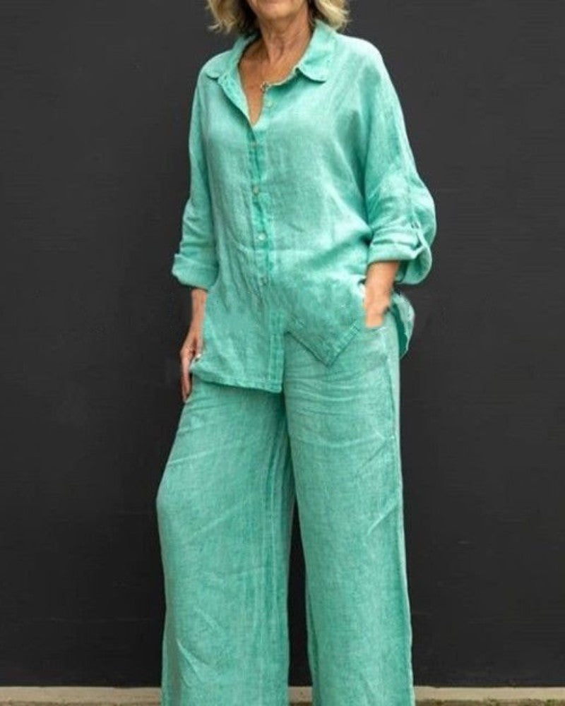 Completo Donna 2 Pezzi in Lino Coordinato Elegante e Comodo per Uso Quotidiano - Pantalone Largo e Camicia Morbida - Alessia