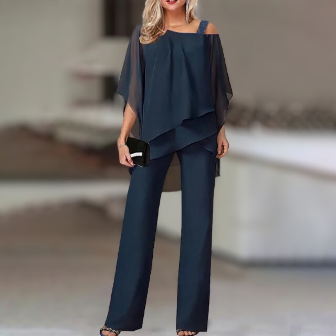 Completo Donna Elegante in Chiffon – Top Asimmetrico e Pantalone Largo