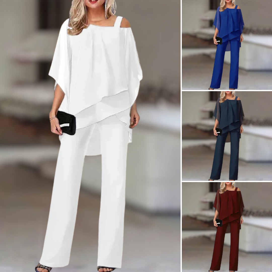 Completo Donna Elegante in Chiffon – Top Asimmetrico e Pantalone Largo