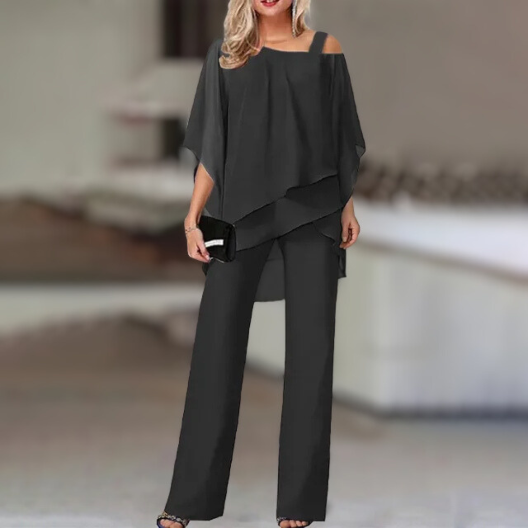 Completo Donna Elegante in Chiffon – Top Asimmetrico e Pantalone Largo