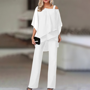 Completo Donna Elegante in Chiffon – Top Asimmetrico e Pantalone Largo