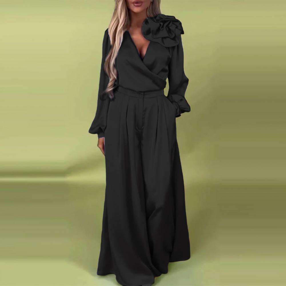 Completo Elegante Donna in Raso - Camicia con Rosa e Pantaloni a Palazzo - Valentina