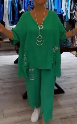 Completo Estivo Brillante – Blusa Oversize e Pantaloni Larghi