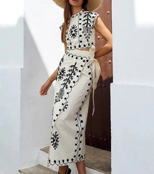 Completo Estivo Donna Elegante – Coordinato Top e Gonna Lunga Ricamata
