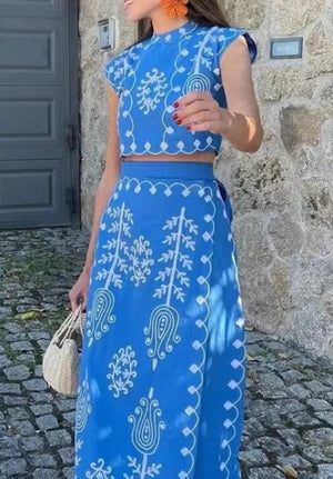 Completo Estivo Donna Elegante – Coordinato Top e Gonna Lunga Ricamata