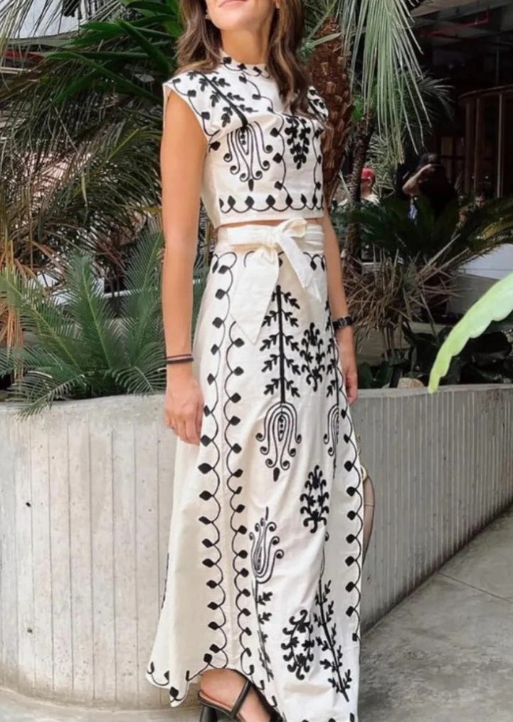 Completo Estivo Donna Elegante – Coordinato Top e Gonna Lunga Ricamata