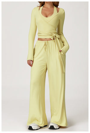 Completo Sportivo Donna – Top, Blusa Wrap e Pantaloni Palazzo in Tessuto Elasticizzato