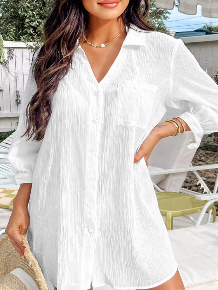 Copricostume Donna Camicia Bianca Mini con Taschino Estiva