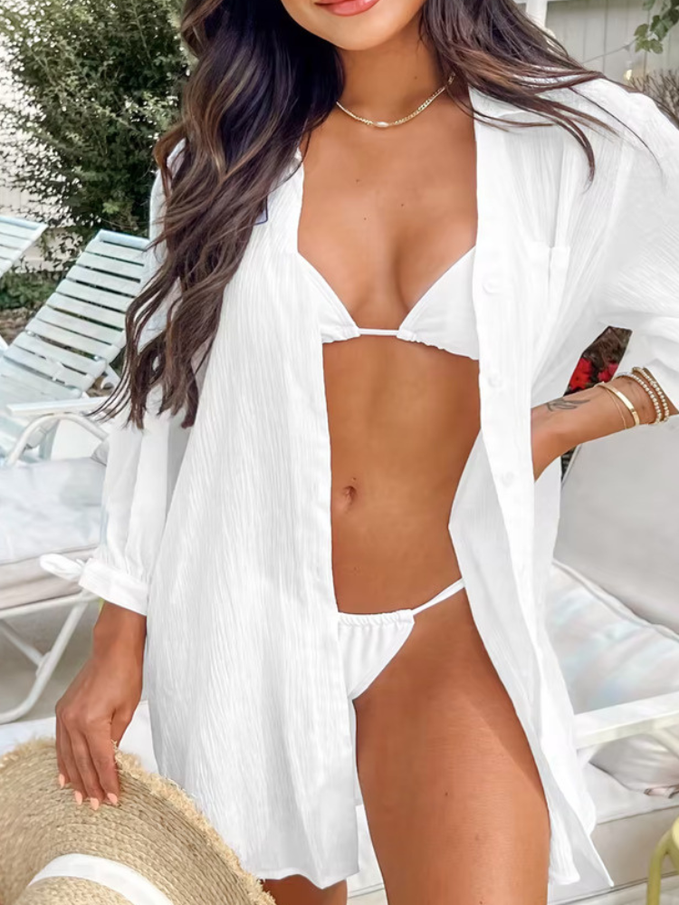 Copricostume Donna Camicia Bianca Mini con Taschino Estiva