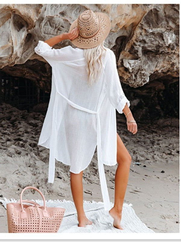 Copricostume Donna Camicia Lunga Bianca Trasparente Estiva