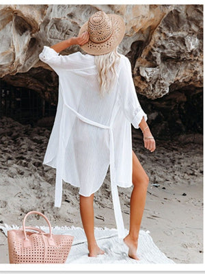 Copricostume Donna Camicia Lunga Bianca Trasparente Estiva
