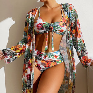 Costume 3 Pezzi Donna Tropicale – Bikini a Vita Alta con Copricostume Leggero